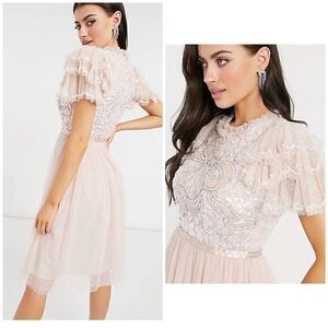 Needle & Thread embellished ruffle sleeve midi dress in blush nwt 6